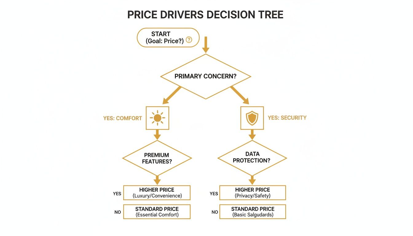 A price drivers decision tree showing how comfort or security concerns influence pricing tiers.