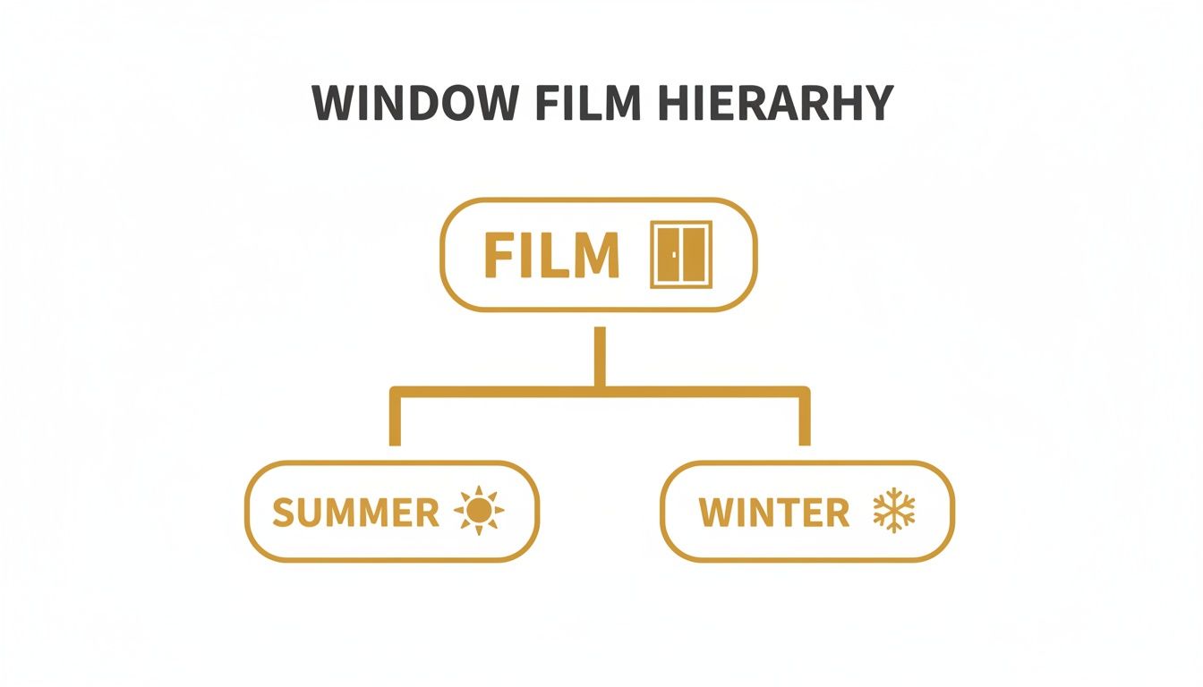 A hierarchy diagram illustrating window film applications, categorized for summer and winter seasons.