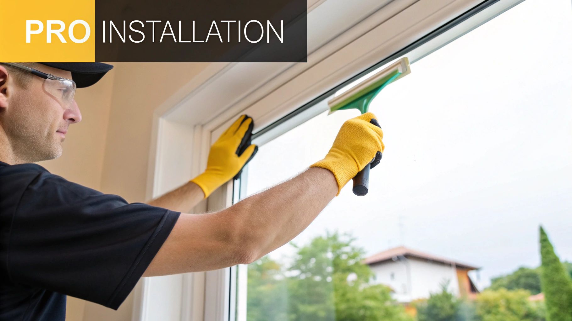 A professional installer in safety glasses and yellow gloves working on a window with a squeegee.