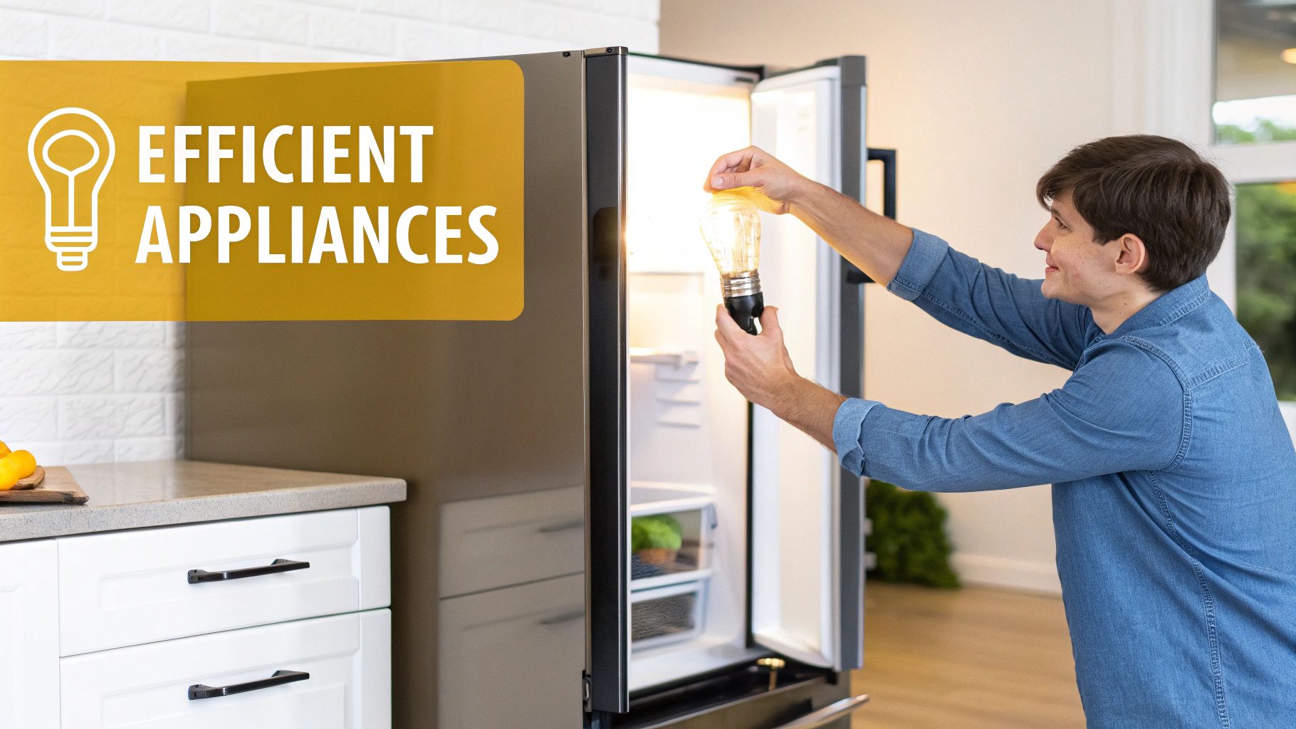 Man replacing a light bulb in a refrigerator, emphasizing efficient appliances and energy saving.