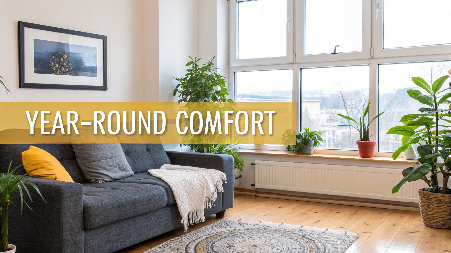 Bright living room with a comfortable grey sofa, plants by a large window, and a wooden floor.