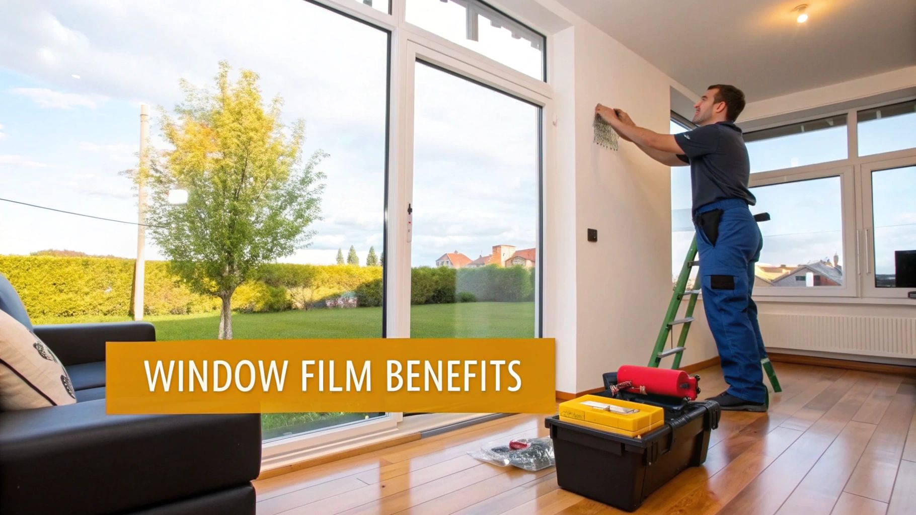 A man on a ladder applies window film near large windows overlooking a green garden.