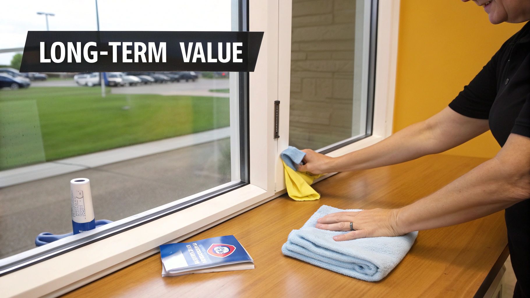 A person cleans a commercial window frame with microfiber cloths, emphasizing long-term value.