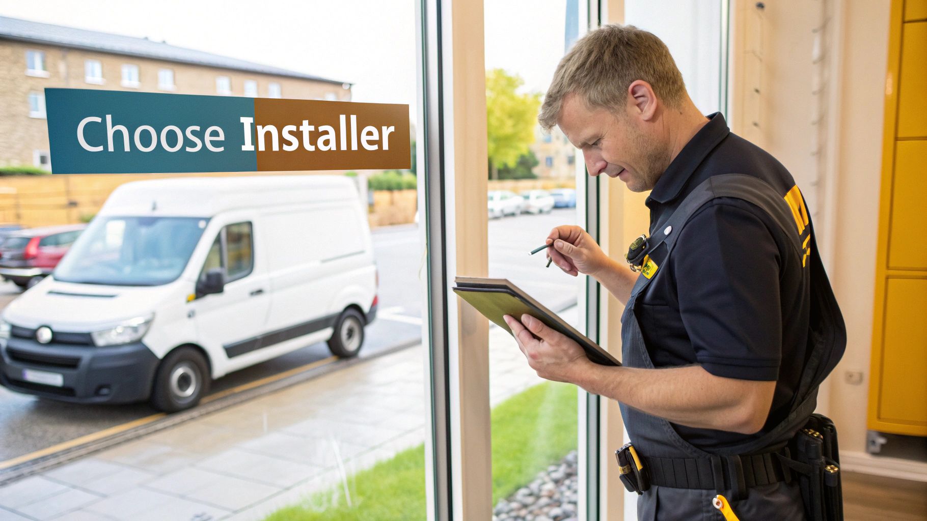 An installer inspects a window while a white van is parked outside, next to a building.