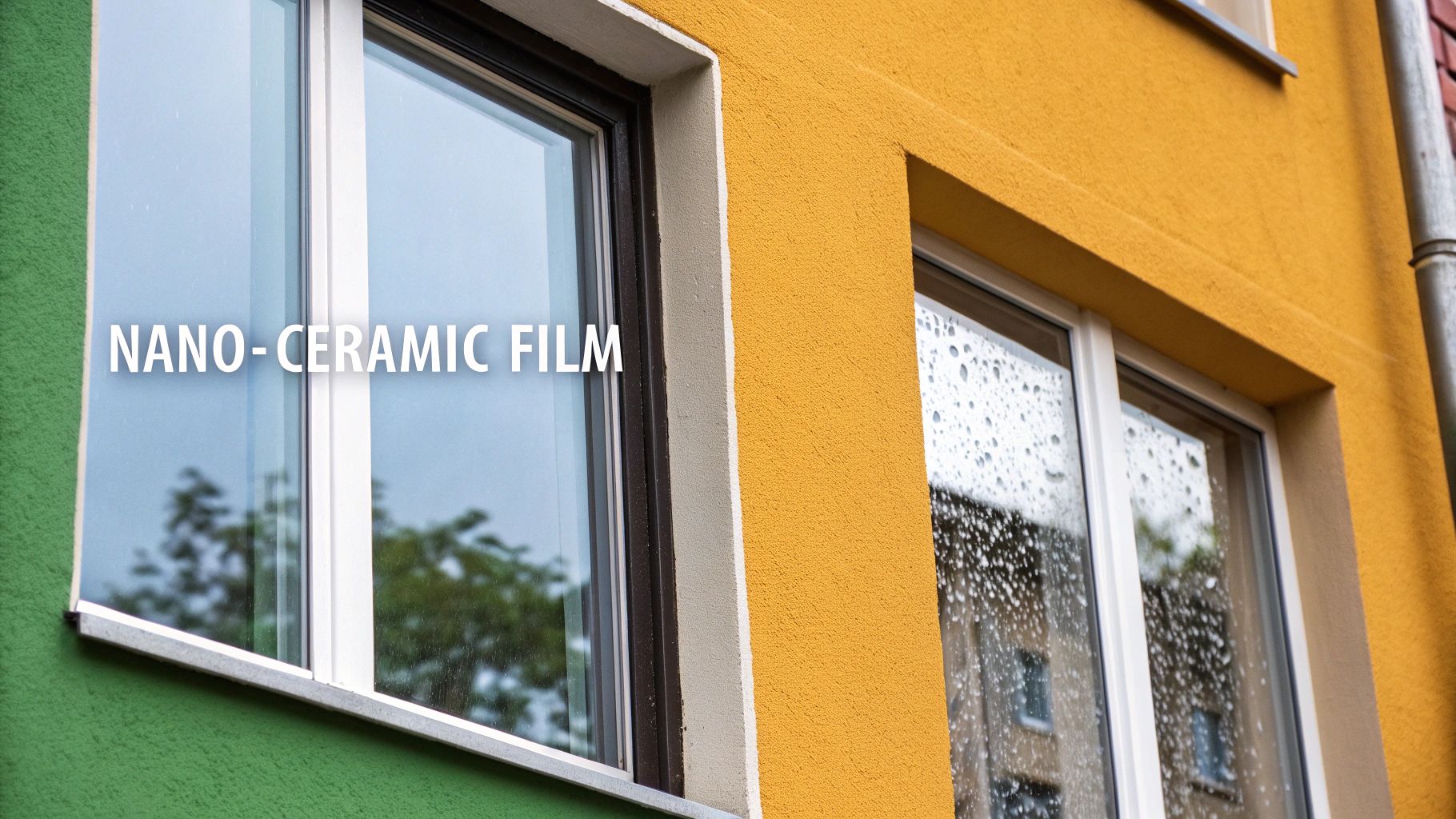 Building exterior with green and yellow walls and windows, one displaying 'NANO-CERAMIC FILM' text.