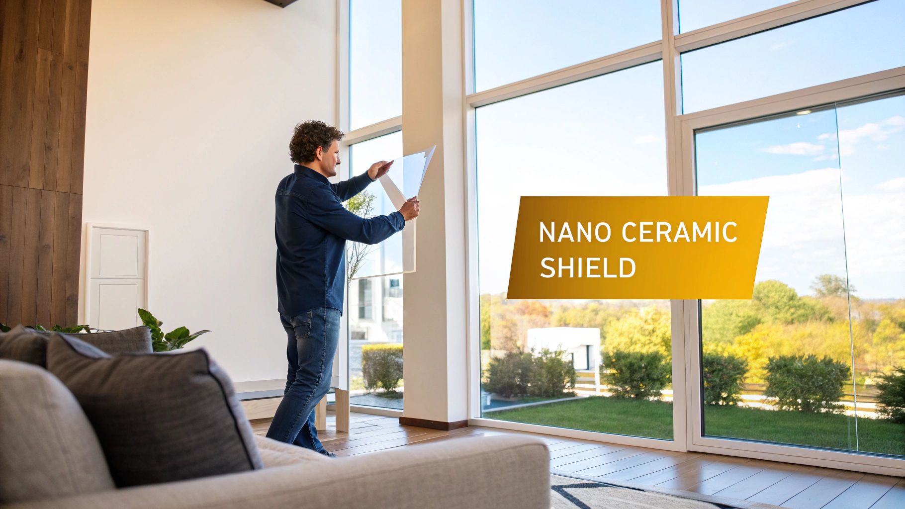 A man applies a nano ceramic shield film to a large modern window for heat reduction and home improvement.