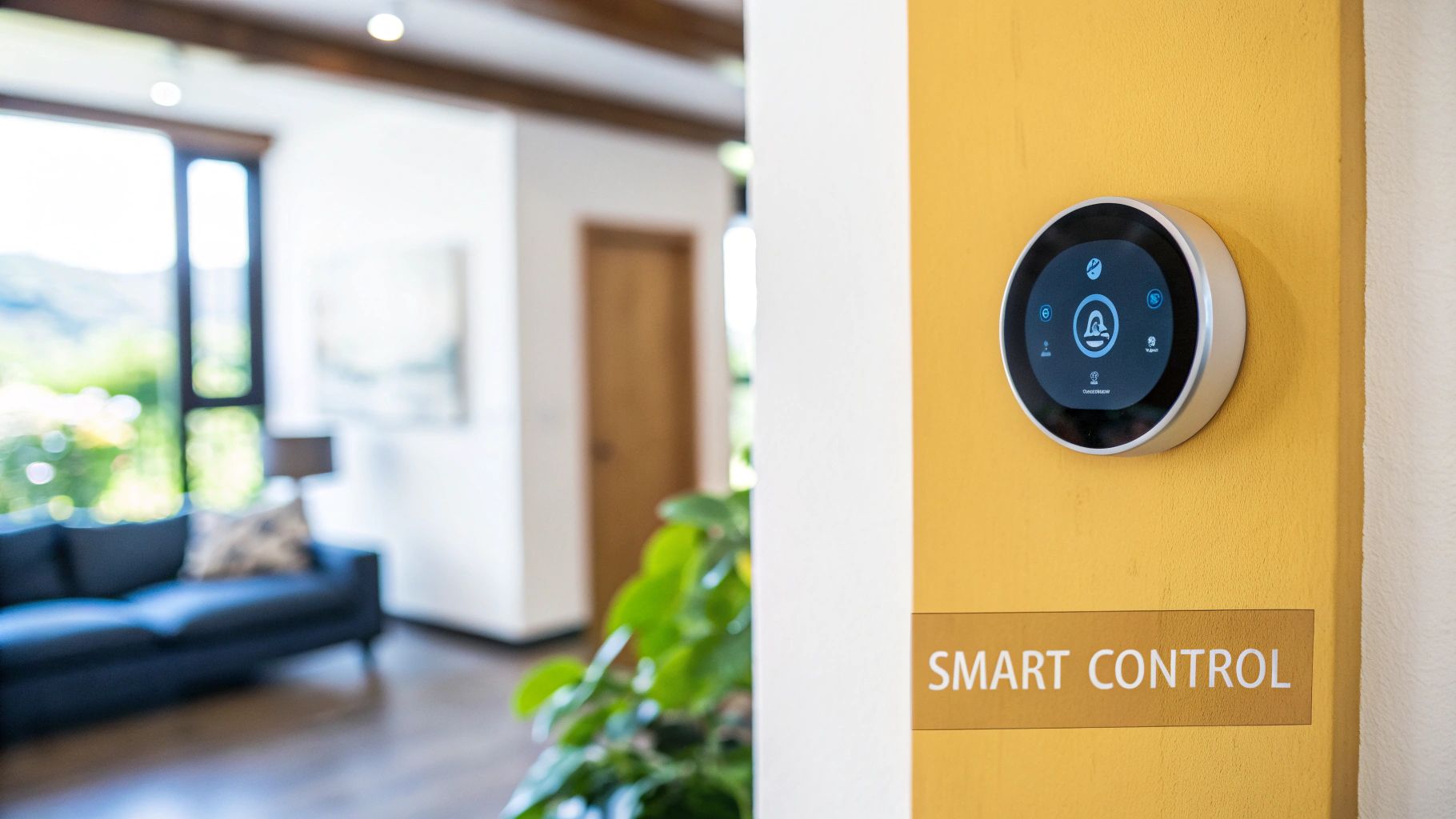 Modern smart thermostat on a yellow wall labeled 'SMART CONTROL', overlooking a stylish living room.