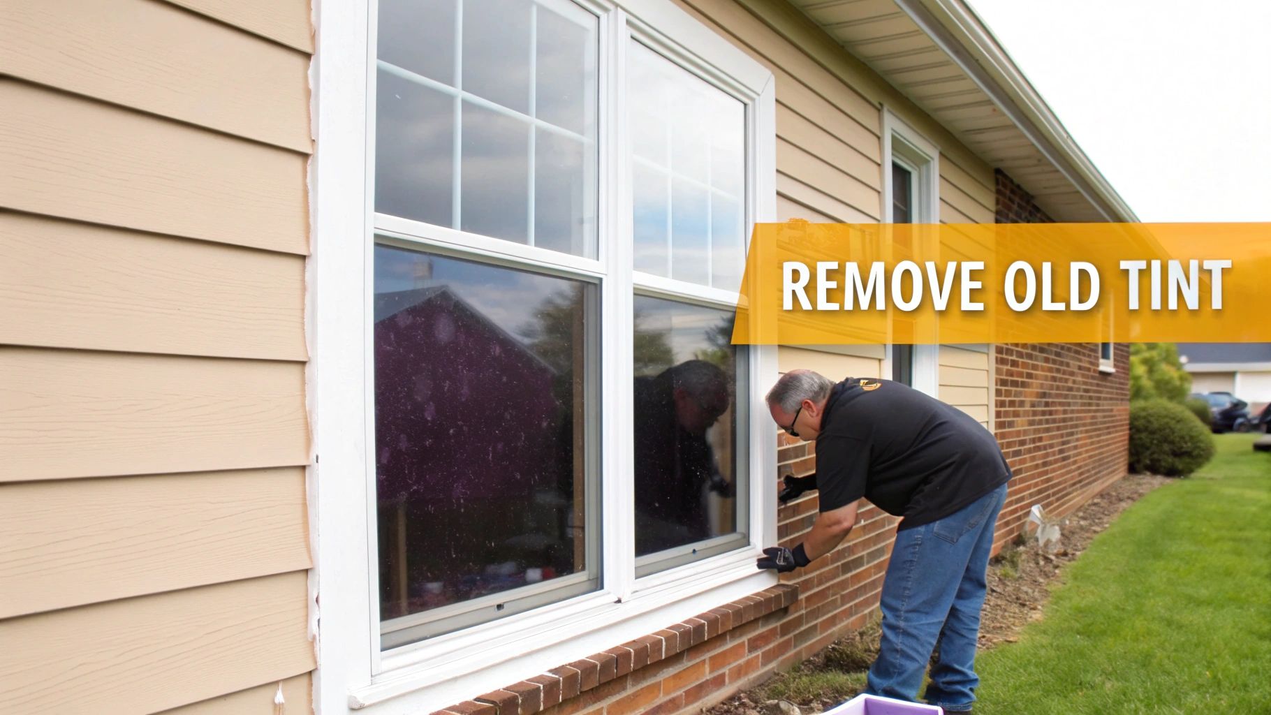 A man in a black shirt and blue jeans removes old tint from a house window with beige siding.