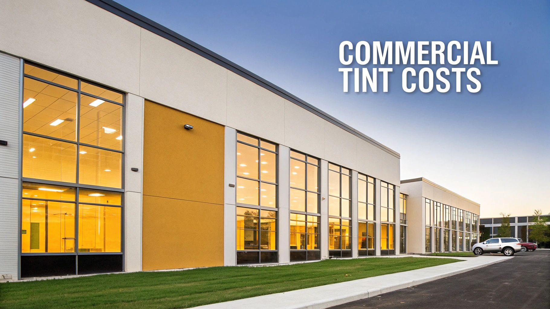 Exterior view of a modern commercial building with many windows and an overlay text 'Commercial Tint Costs'.