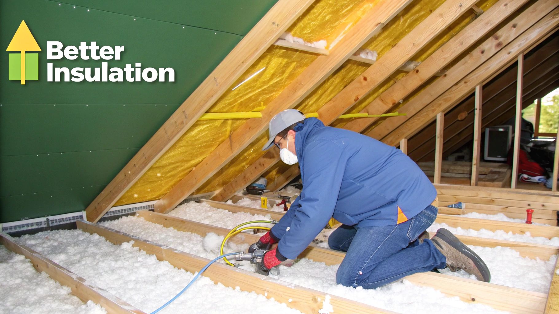 Worker in protective gear installing blown-in insulation in an attic for better home energy efficiency.