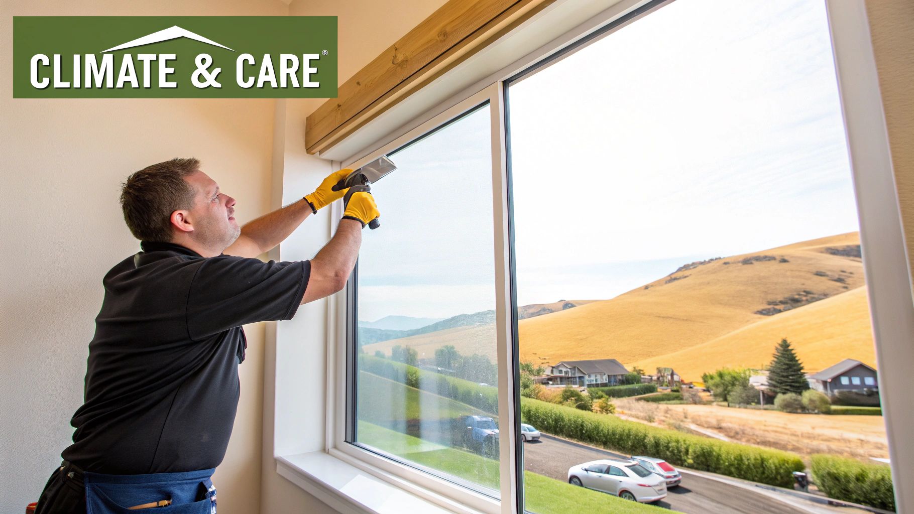 Professional installer applies protective film to a large residential window with a scenic outdoor view.
