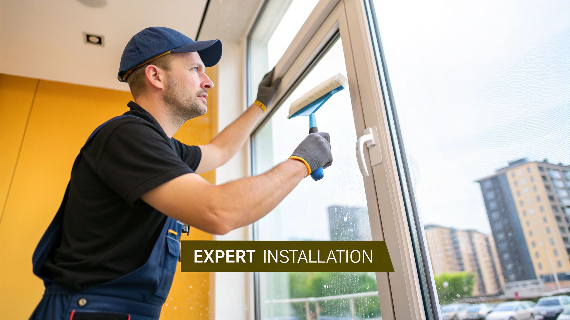 Professional worker in overalls and cap cleaning a large window, with 'EXPERT INSTALLATION' text overlay.