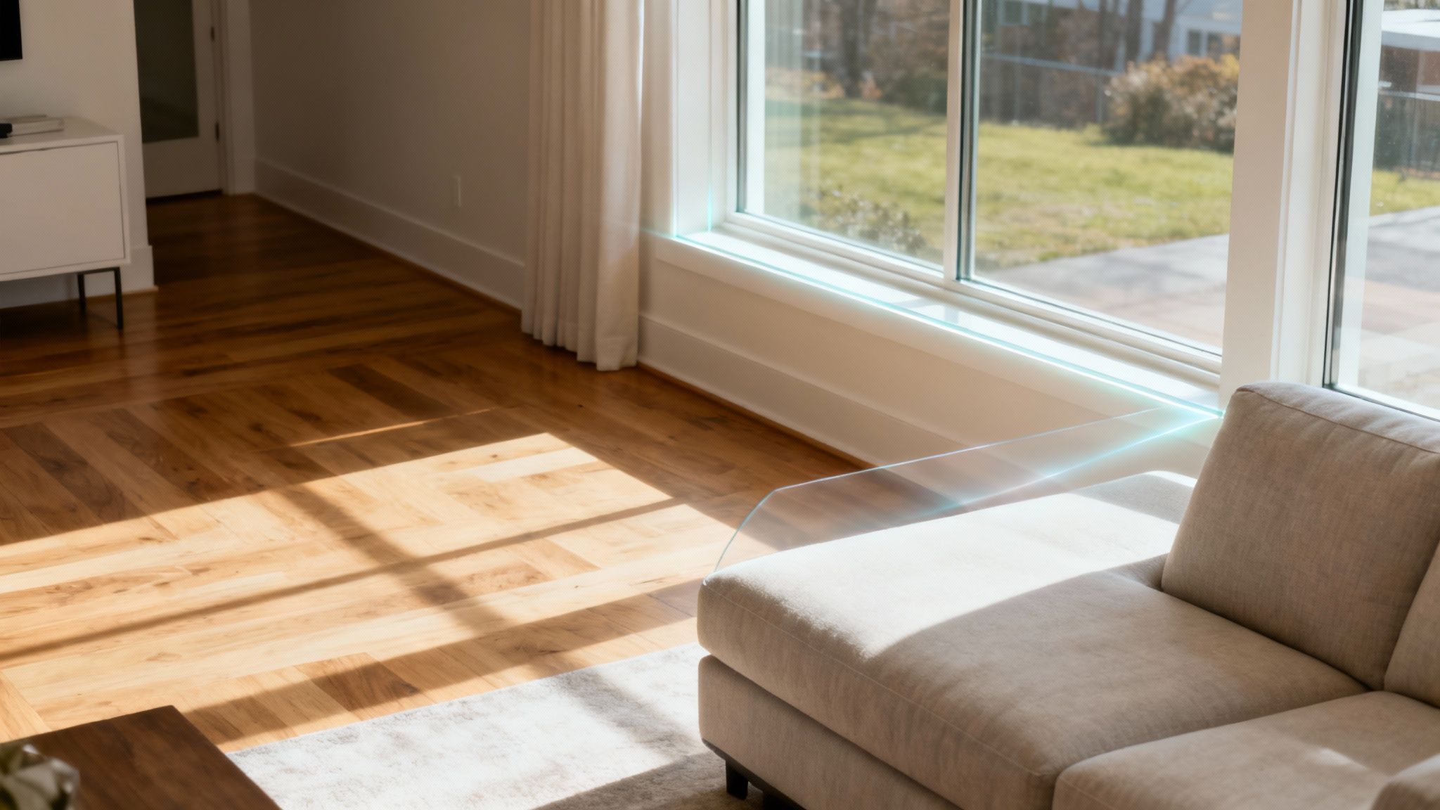 A bright, modern living room with large windows overlooking a green landscape, sunlight streaming in.