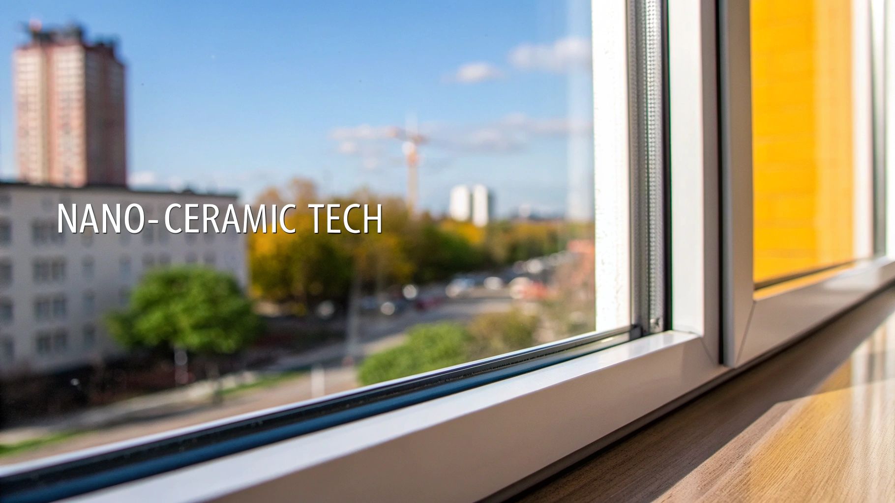 Window with 'NANO-CERAMIC TECH' text, offering a blurred view of a city skyline with buildings.