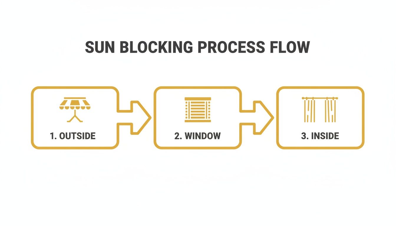 A three-step process flow illustrating sun blocking methods: awning (outside), blinds (window), and curtains (inside).