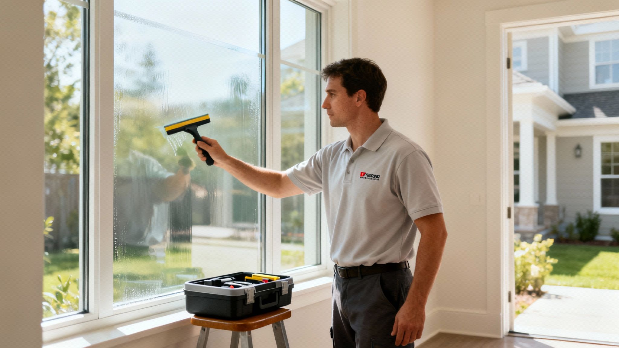 A professional installer carefully applying UV blocking window film to a large residential window.