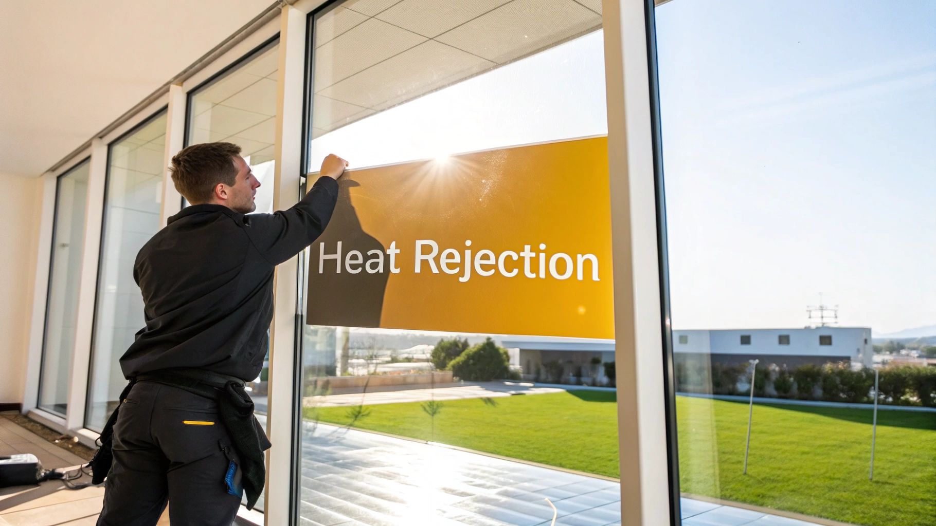 Worker applies a 'Heat Rejection' film to a large sunny window for improved insulation.