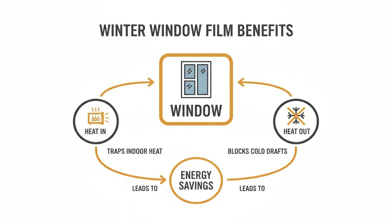 Diagram illustrating how winter window film traps indoor heat and blocks cold drafts, leading to energy savings.