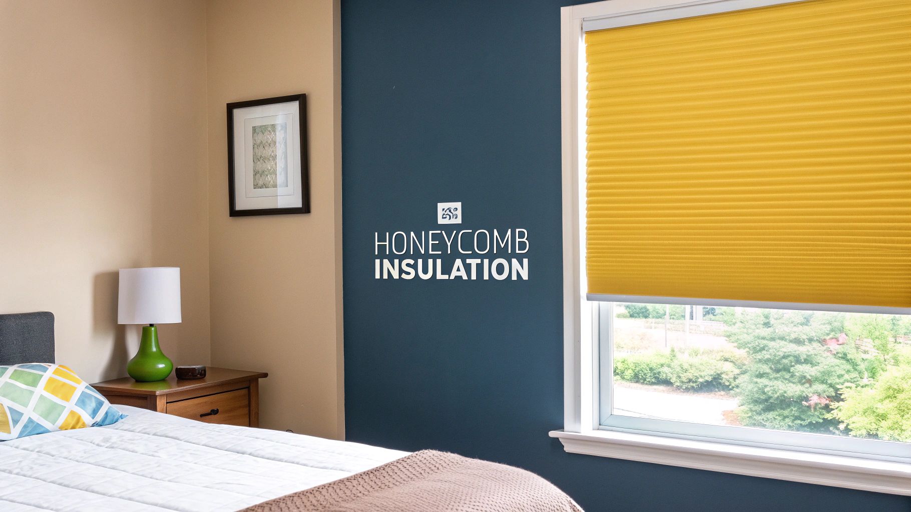 Cozy bedroom with a bright yellow honeycomb window blind providing efficient insulation.
