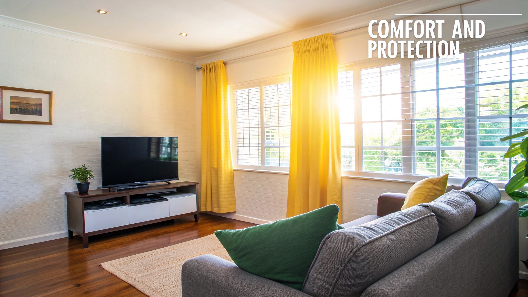 A bright living room with a gray sofa, TV, and sunny windows with yellow curtains and blinds.