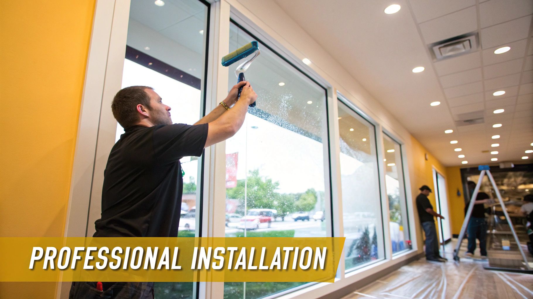 A professional installer carefully applies window film to large commercial windows with a specialized tool.