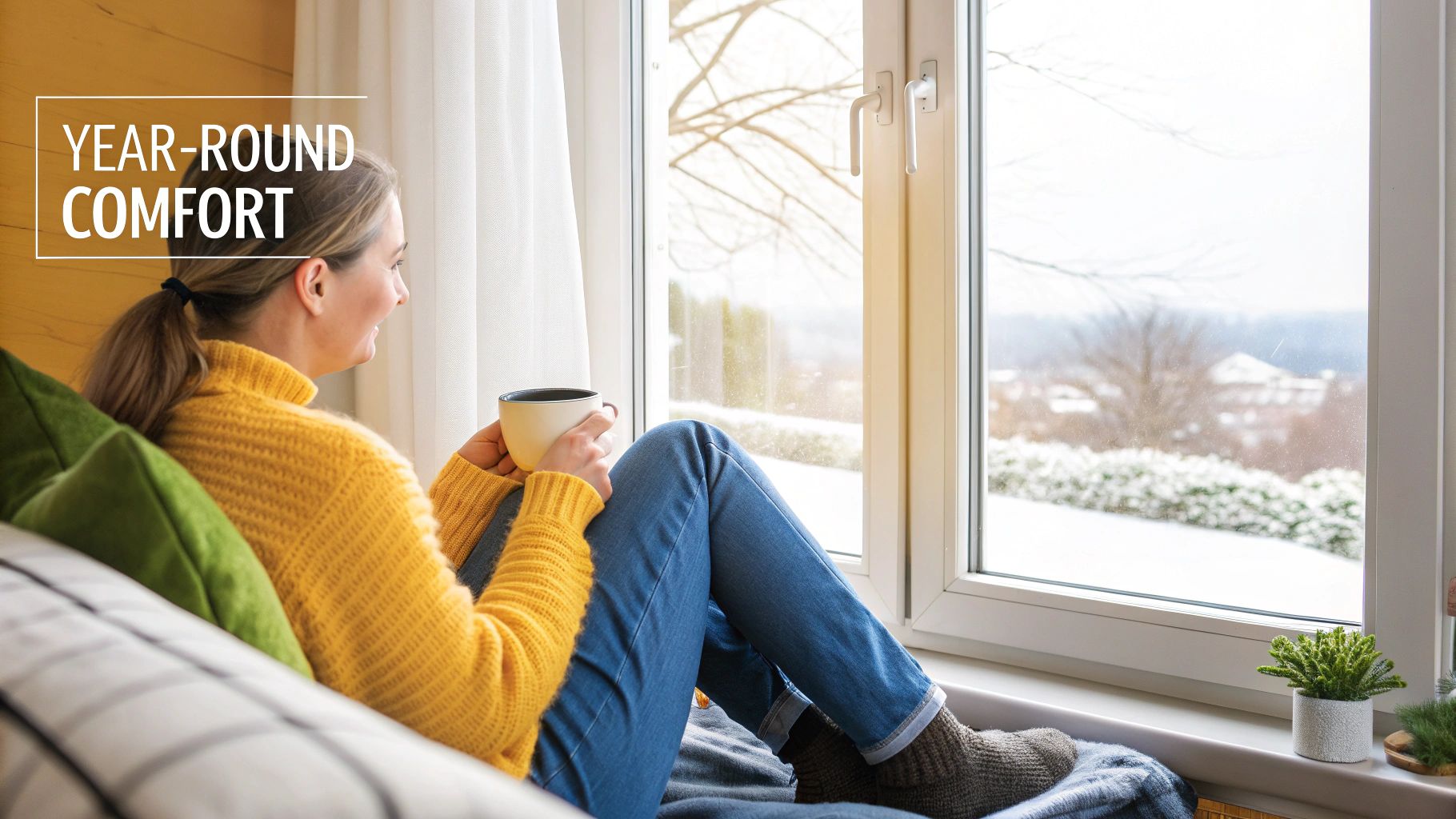 A woman in a yellow sweater sips coffee while looking at a snowy landscape outside her window.