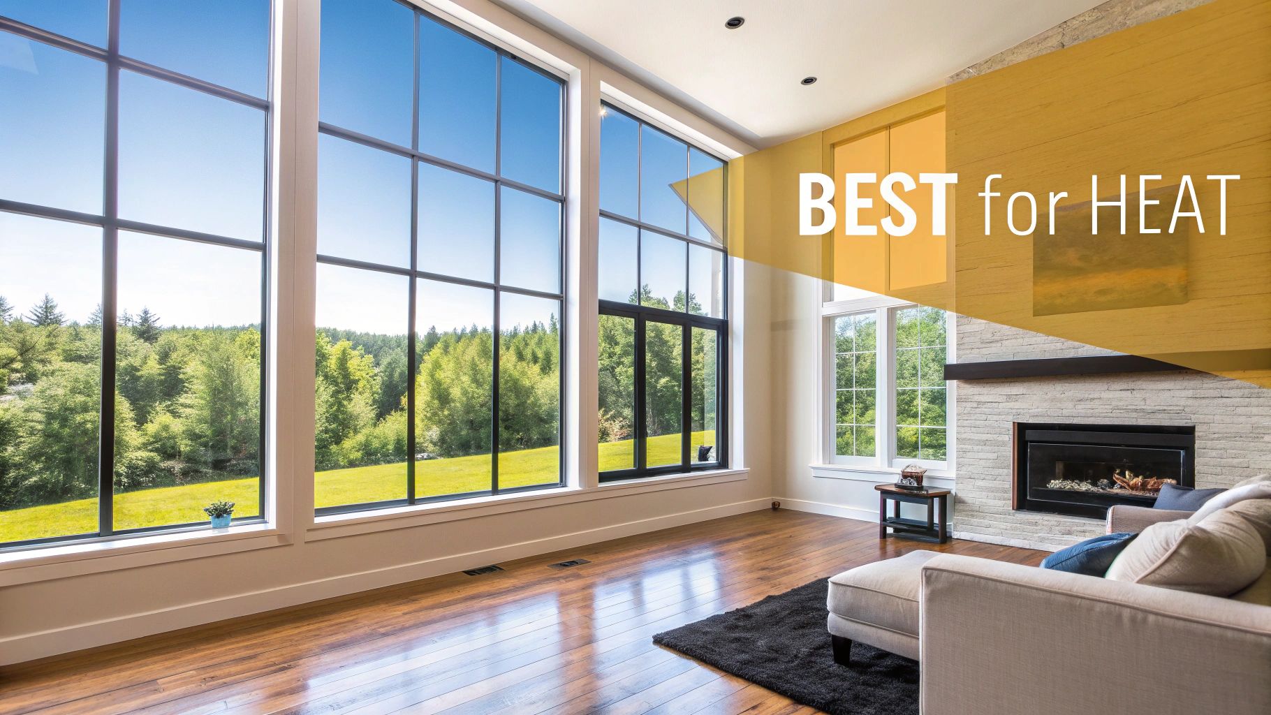 A bright modern living room with large windows showcasing a green outdoor view and a 'BEST for HEAT' overlay.