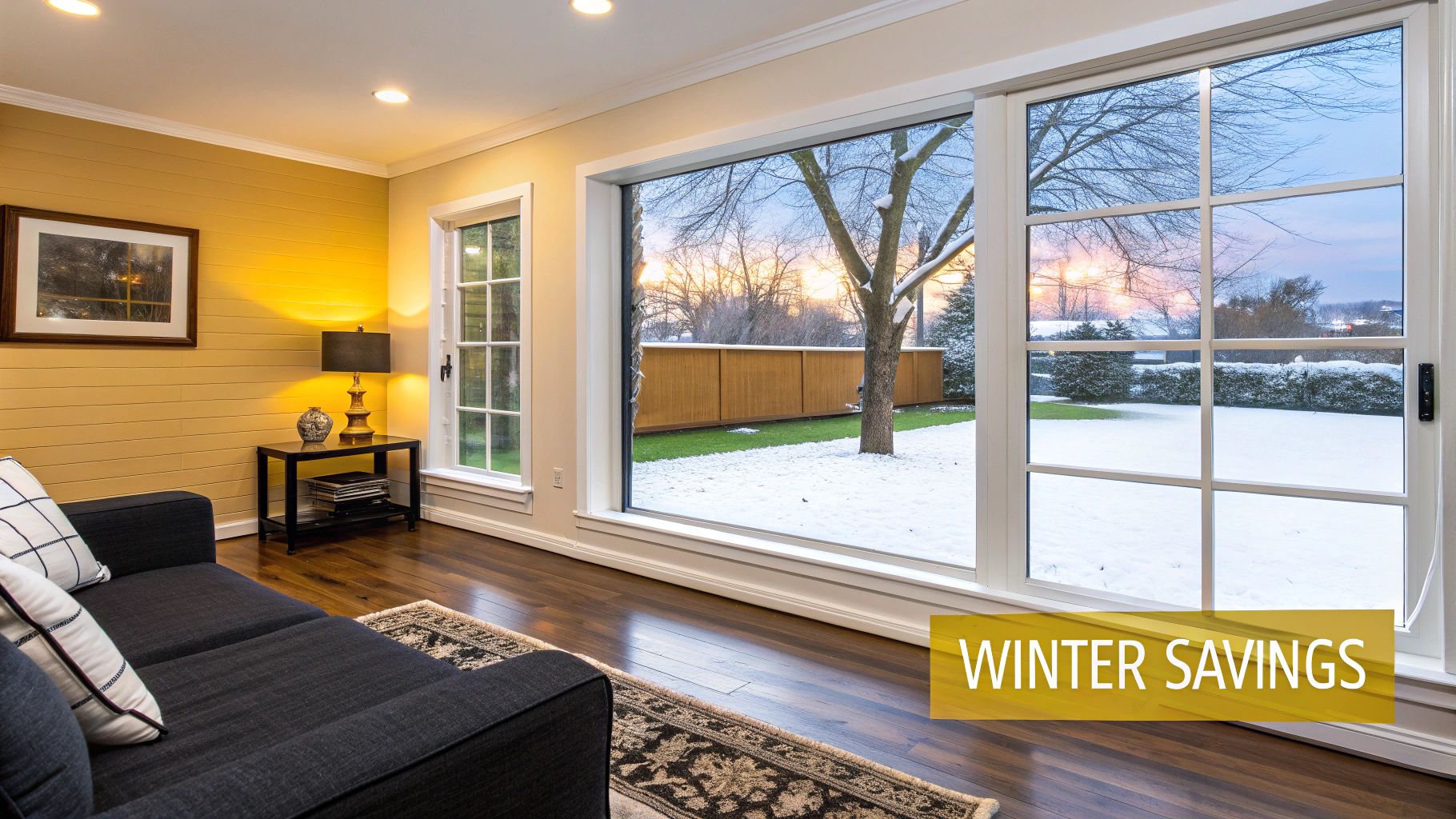 Cozy living room with a large window overlooking a snowy backyard, featuring a dark sofa and a 'Winter Savings' banner.