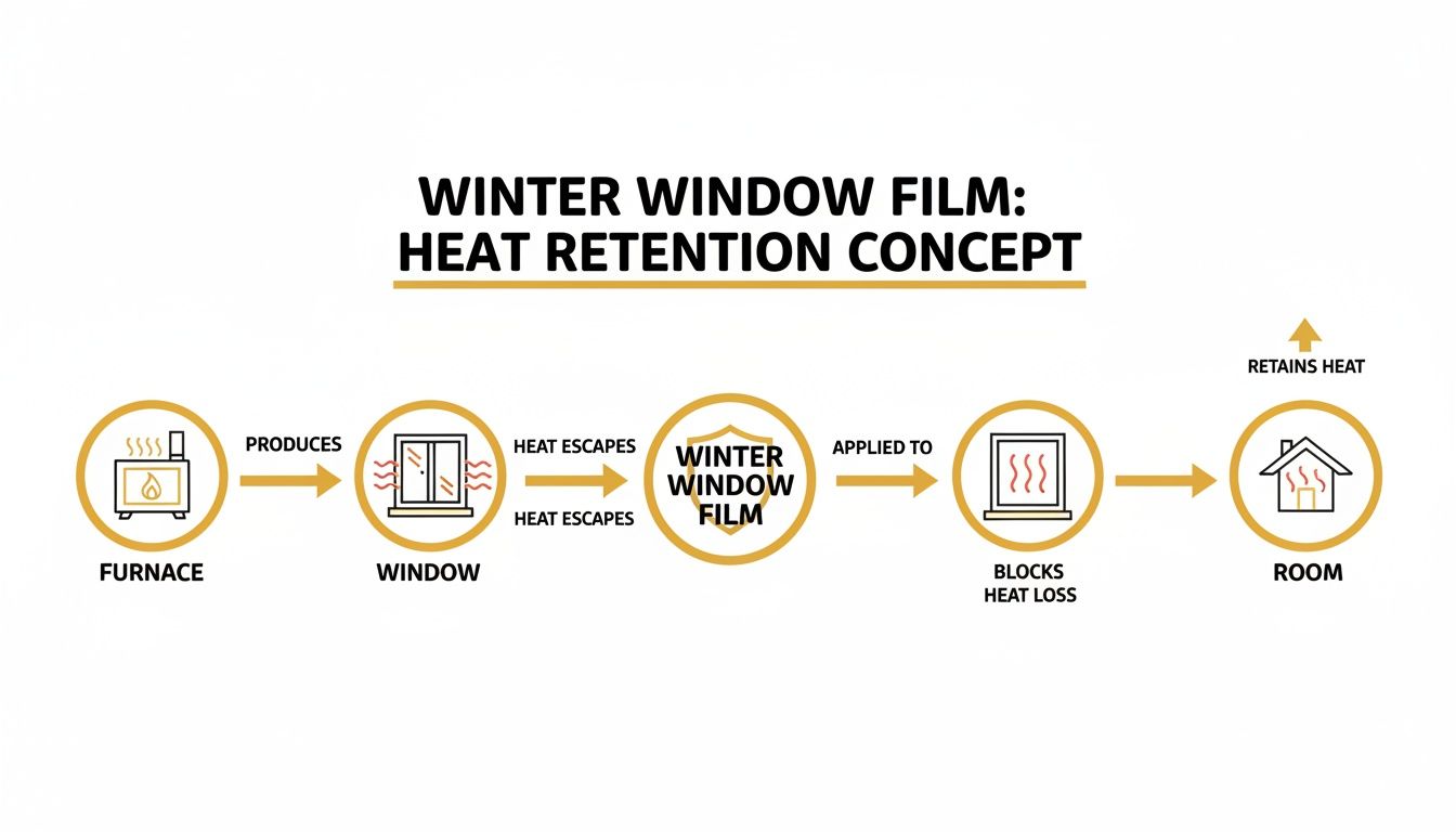 A diagram illustrating the winter window film heat retention concept, showing how it prevents heat loss from windows.