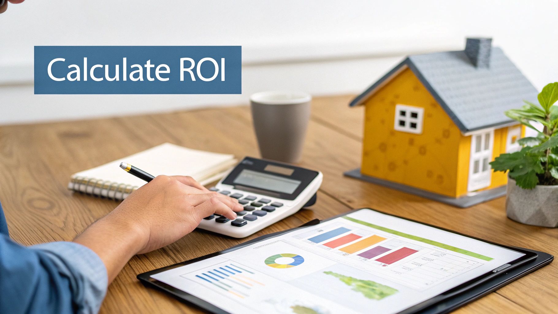 Person calculating real estate ROI on a calculator with a house model and financial charts.
