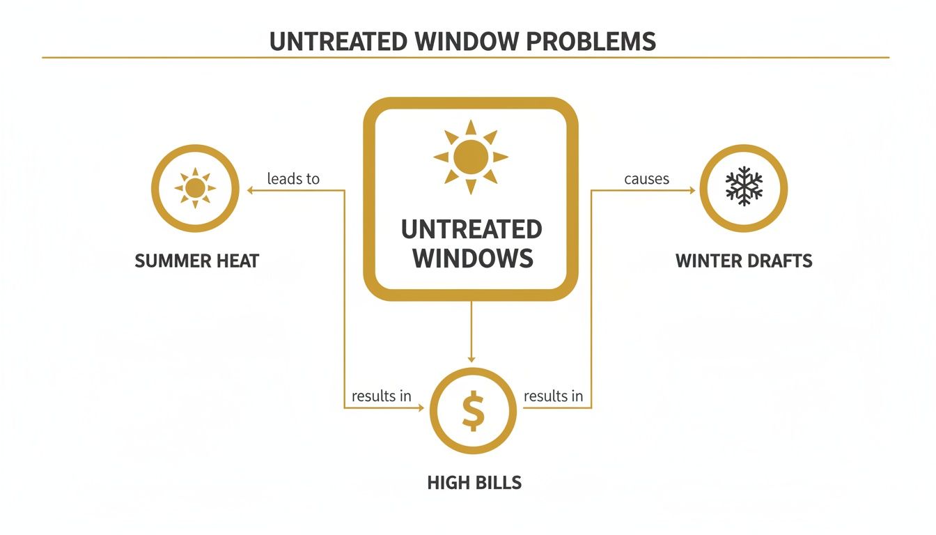A diagram illustrates how untreated windows lead to summer heat and winter drafts, resulting in high bills.