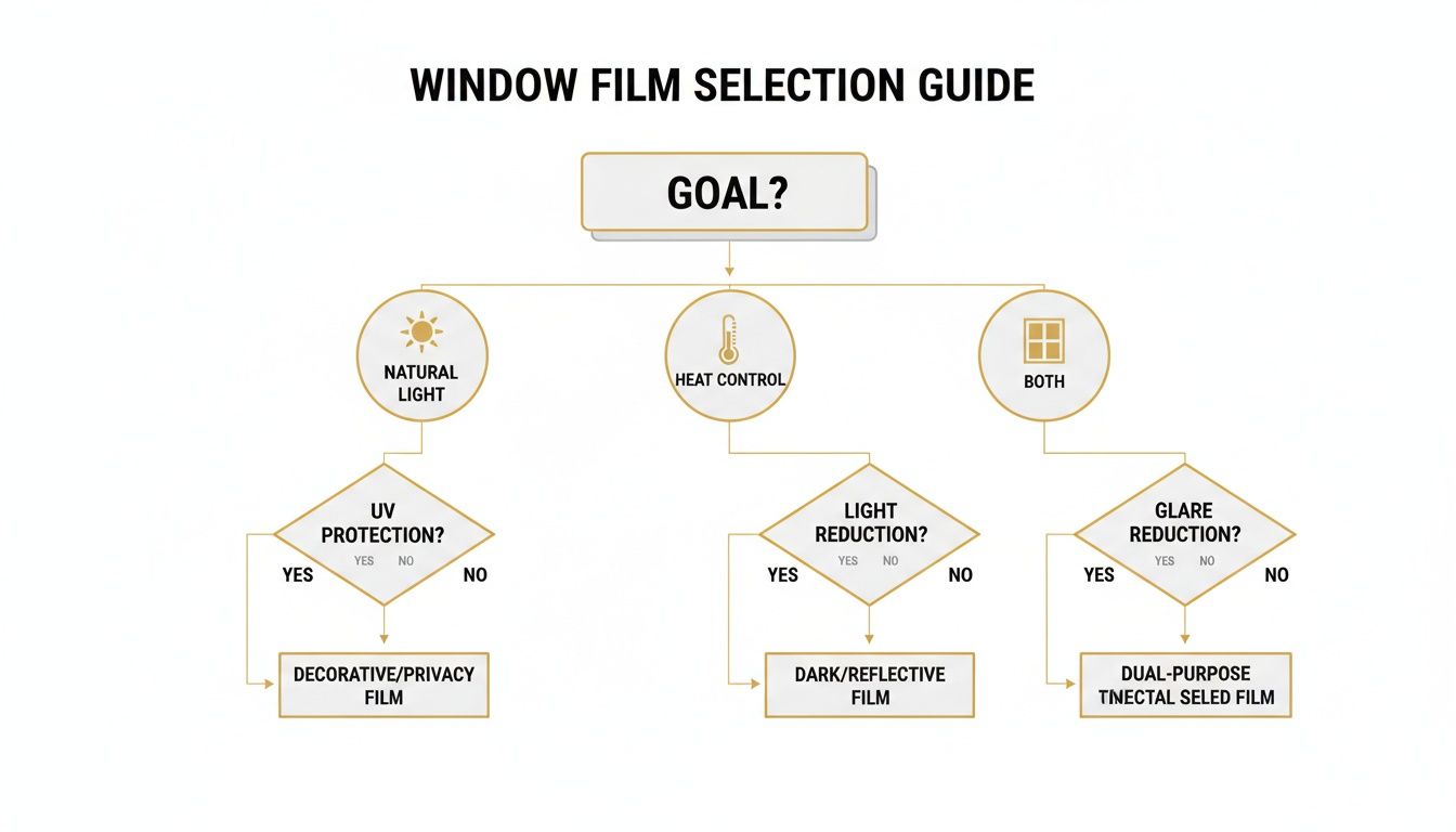 Flowchart titled 'Window Film Selection Guide' helping users choose film based on light, heat, and glare needs.