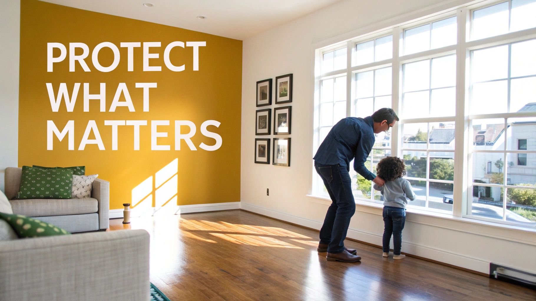 A man and child look out a large, sunlit window in a modern home with the text 'PROTECT WHAT MATTERS' on a yellow wall.
