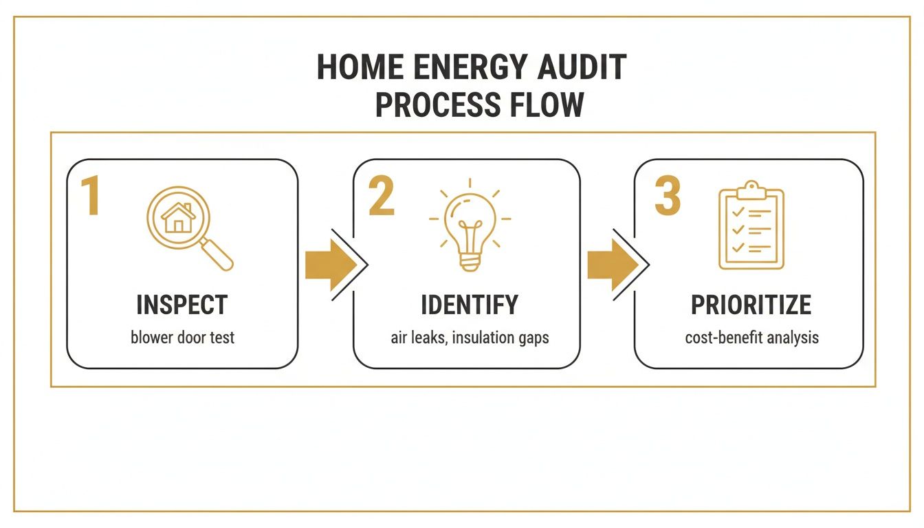 A visual process flow diagram detailing a three-step home energy audit: Inspect, Identify, and Prioritize.