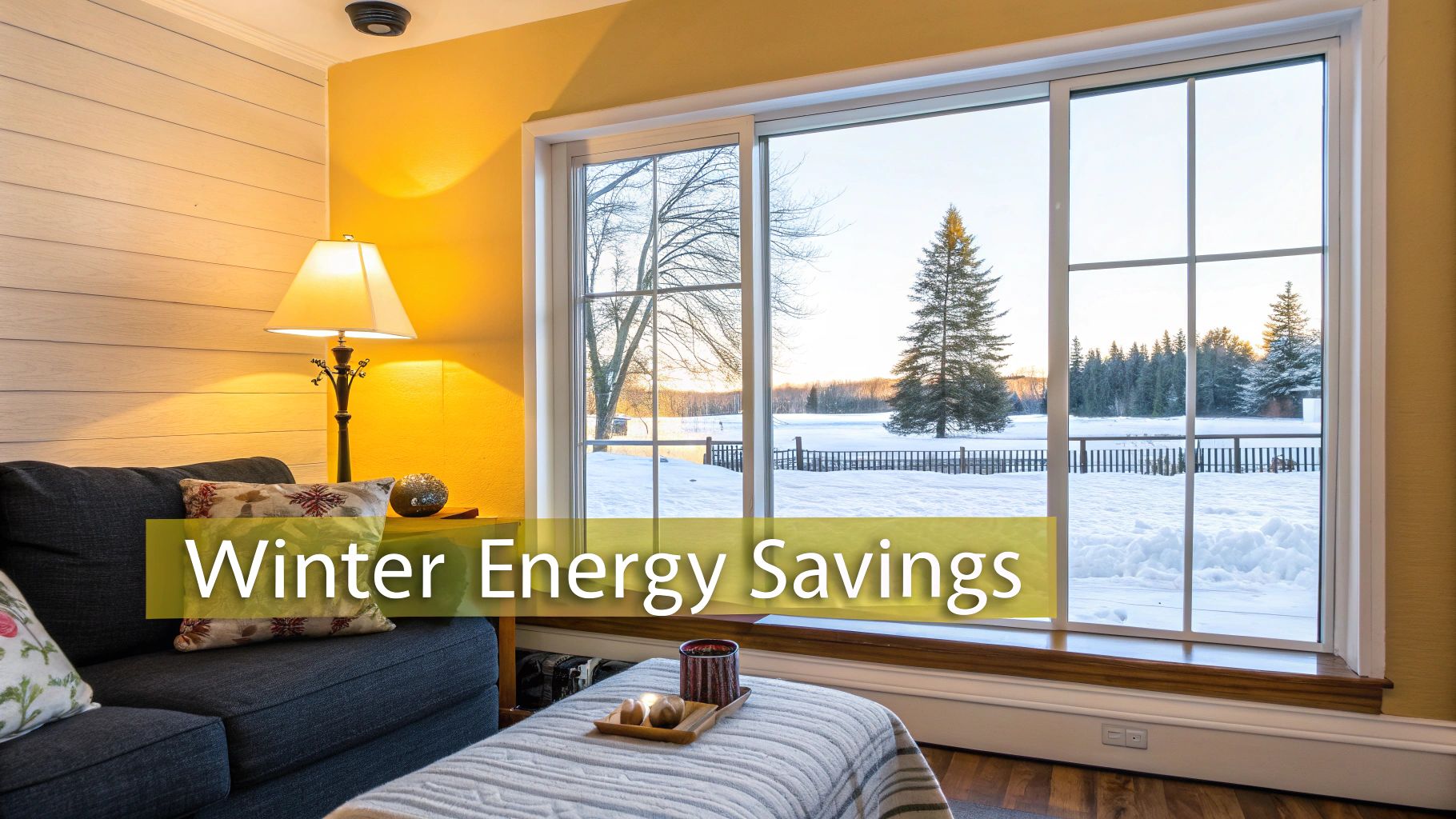 Cozy living room with a large window overlooking a snowy winter landscape, promoting winter energy savings.