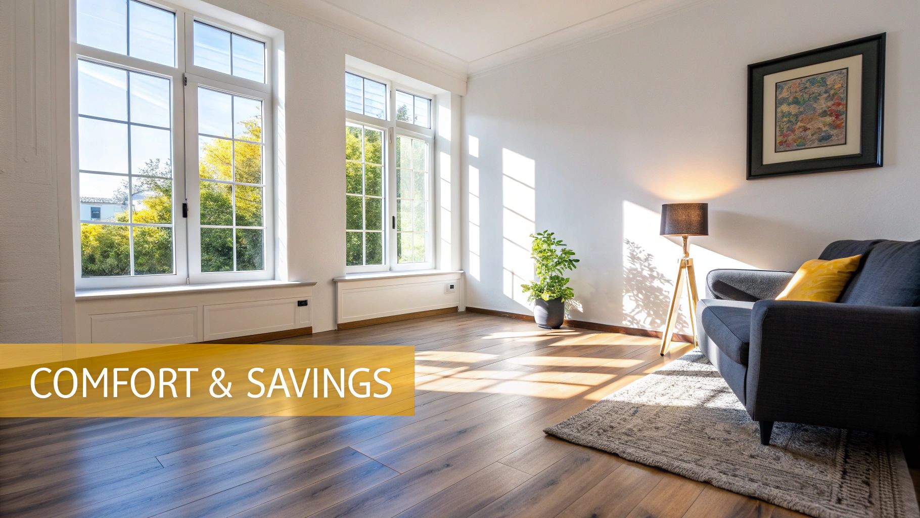 A bright, modern living room with large white-framed windows letting in sunlight, a grey sofa, and a plant.