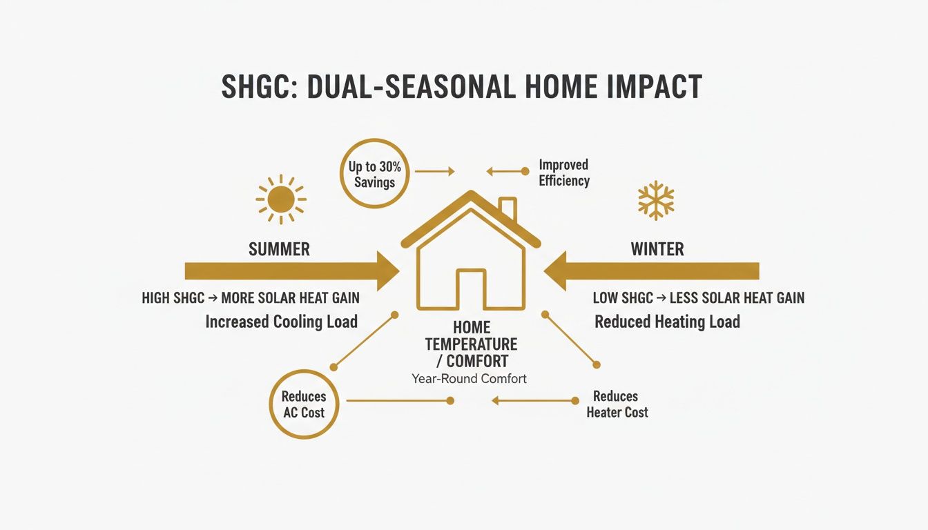 Diagram illustrating SHGC impact on home temperature and energy costs in summer and winter.