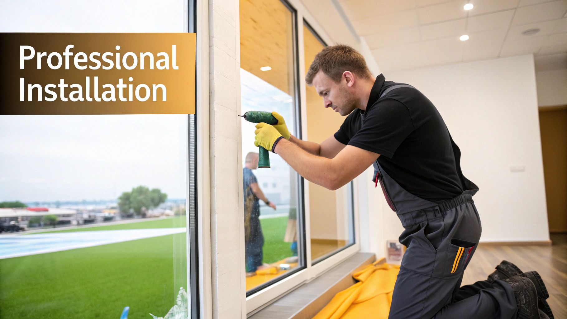 A man wearing yellow gloves uses a green drill to professionally install a window, with text 'Professional Installation'.