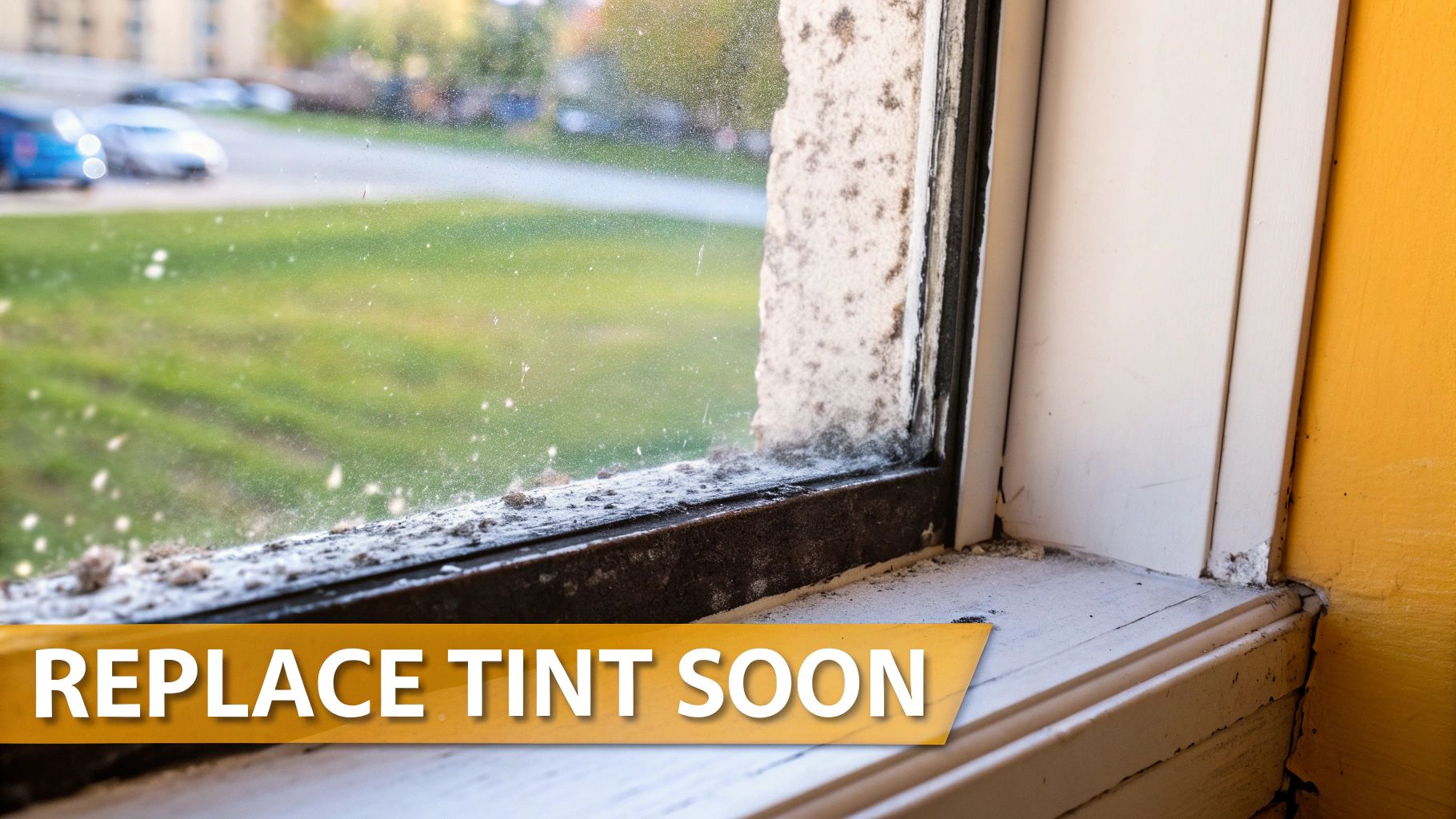 Dirty window frame and sill with mold, looking outside, featuring a 'REPLACE TINT SOON' overlay.