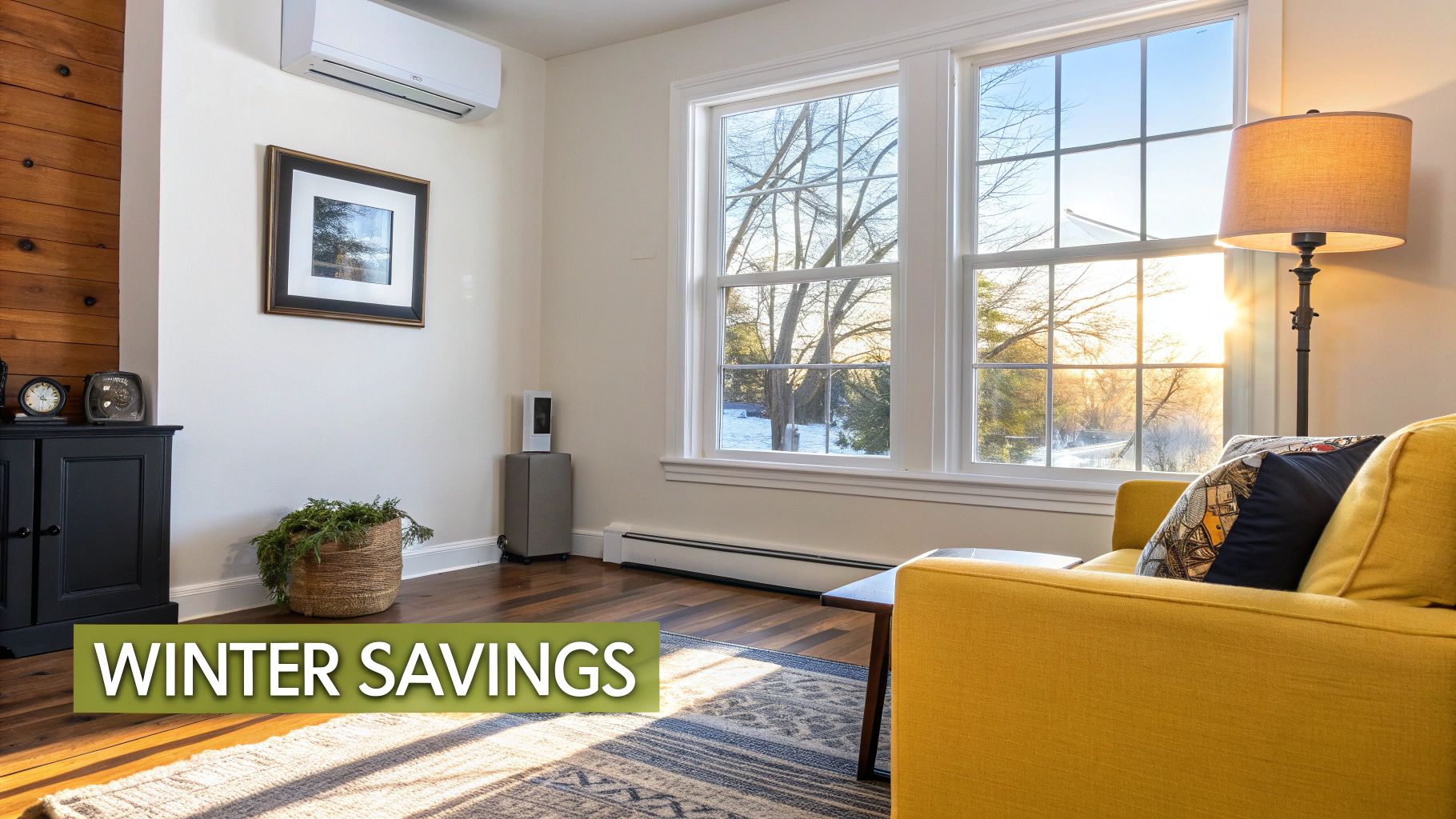 A cozy living room with large windows overlooking a sunny, snowy winter landscape, featuring a yellow couch and plant.