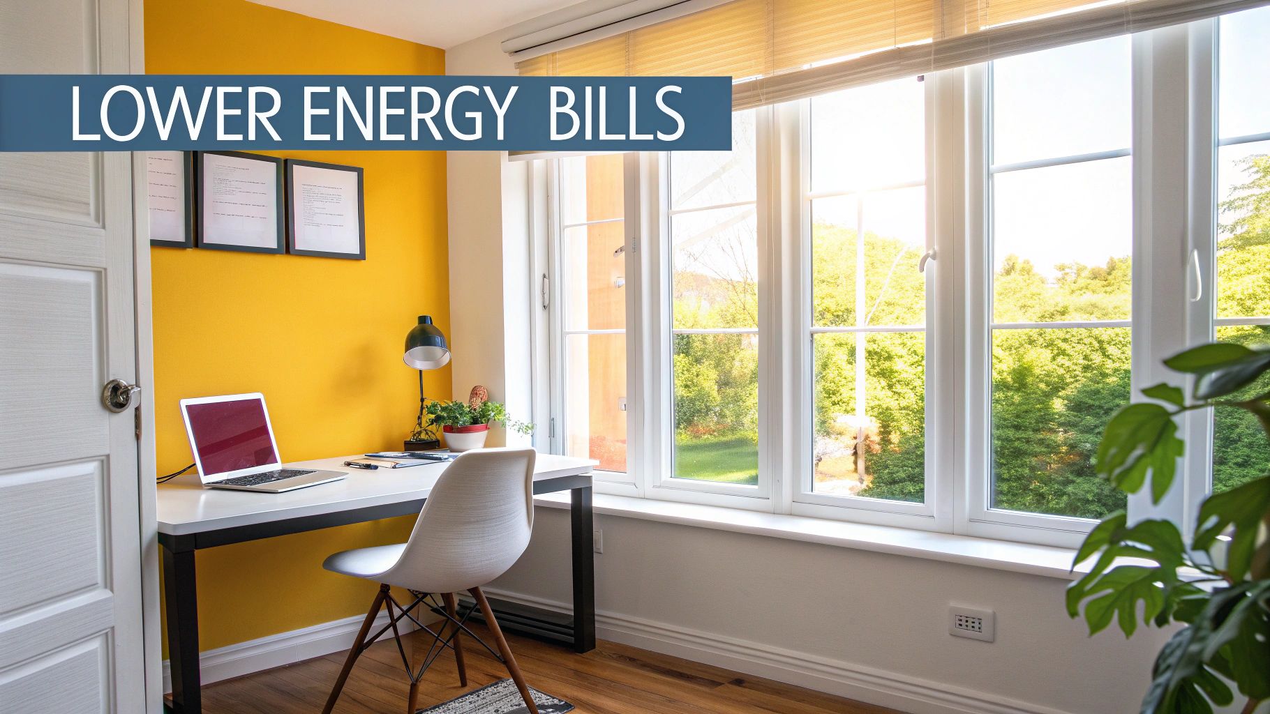 A home office with a large window letting in natural light, a desk, laptop, and a yellow wall, promoting lower energy bills.