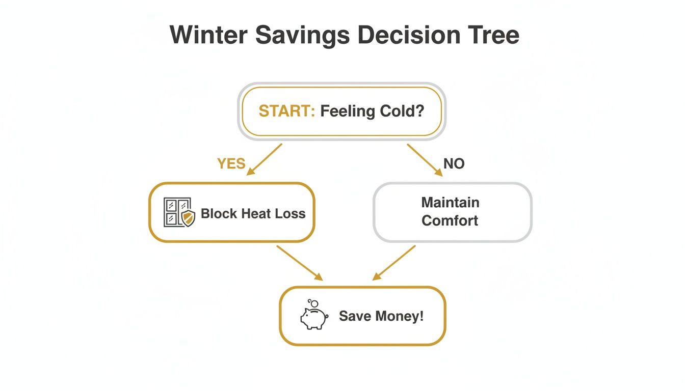A winter savings decision tree flowchart guiding users on actions to save money based on feeling cold.