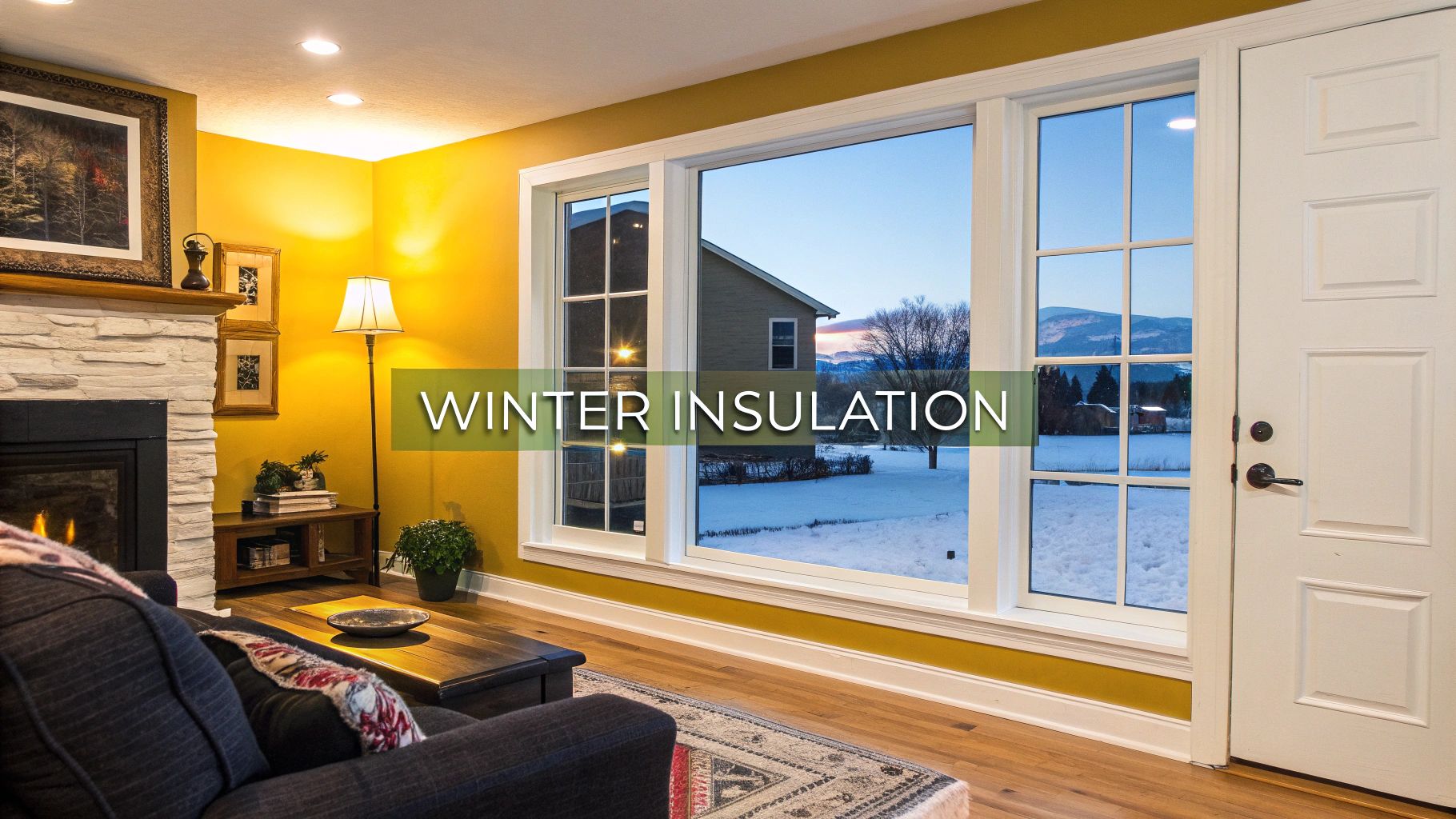 Cozy living room with fireplace and large windows showcasing a snowy winter landscape, highlighting winter insulation.
