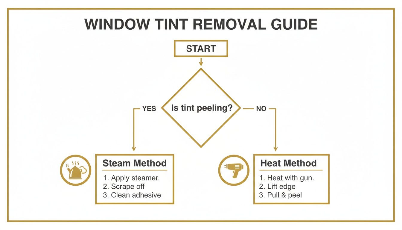 Flowchart illustrating two methods for effective window tint removal: steam and heat.