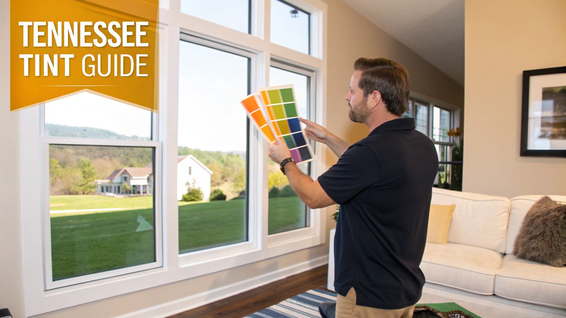 A man holding color swatches next to large windows overlooking a scenic landscape, with 'TENNESSEE TINT GUIDE' overlay.