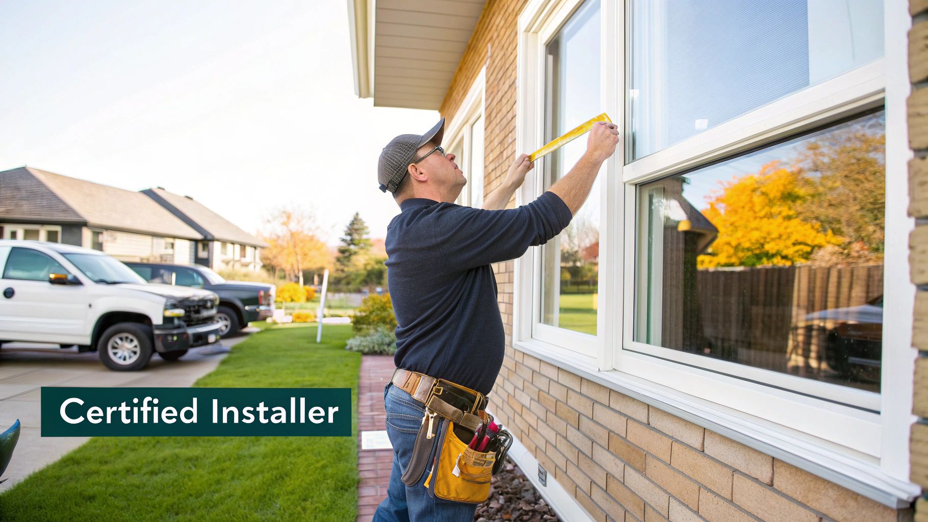 A certified installer measures a new white-framed window on a brick home with a yellow ruler.