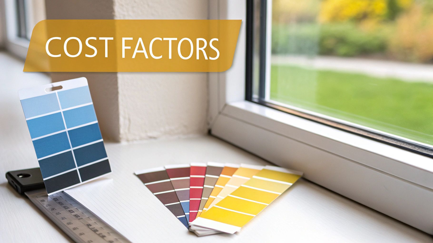 Color swatches and a ruler on a window sill under a 'COST FACTORS' banner.
