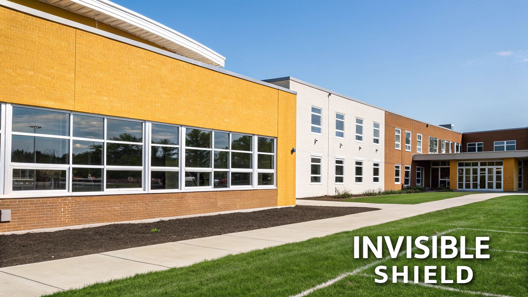 A modern school building with yellow and white brick walls, large windows, a green lawn, and a blue sky.