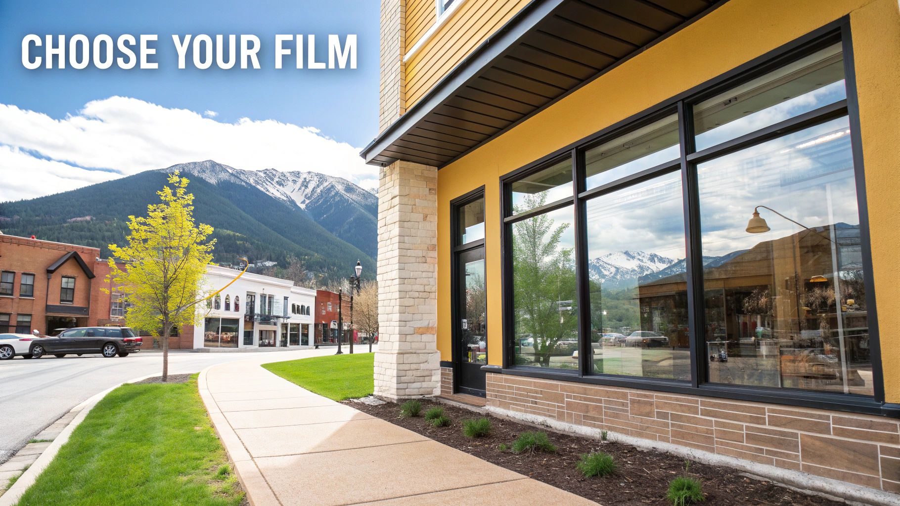 Modern building with large reflective windows showing mountain reflections, featuring 'Choose Your Film' text.