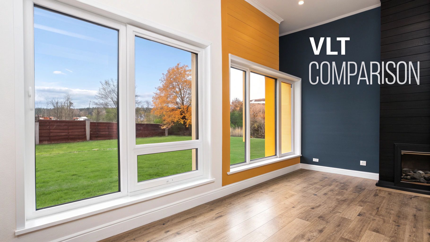 Interior view comparing clear windows to yellow-tinted windows, showcasing different visible light transmission.